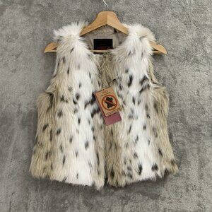 YOKI Outerwear Vest Womens Small Beige Vegan Feathery Faux Fur Animal Print Y2K